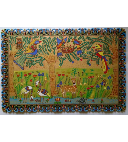 Madhubani Painting Depicting Nature, Hand Painting, Modern Art, Horizontal Mounting 